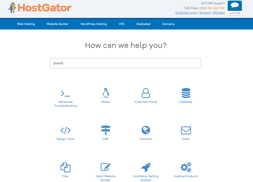 Tab showing HostGatorâ€™s knowledge base with suggested articles.