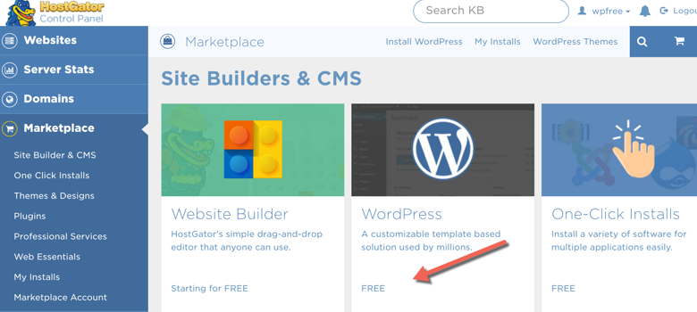 Tab showing HostGatorâ€™s option to install WordPress for free.