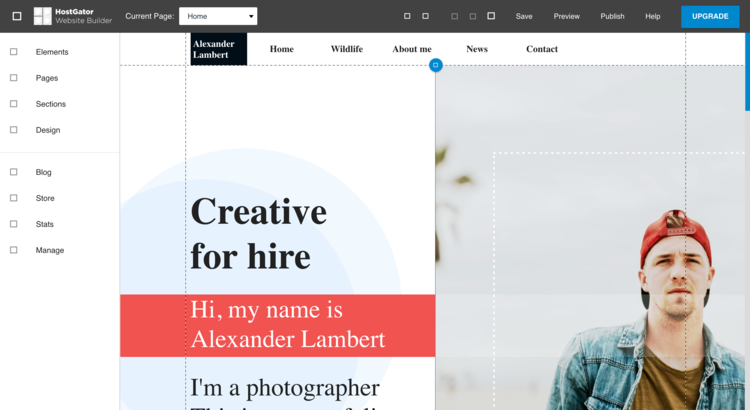 Gator website builder on a white background on which it says â€˜Creative for hireâ€™ and a picture of a young man on the right side.