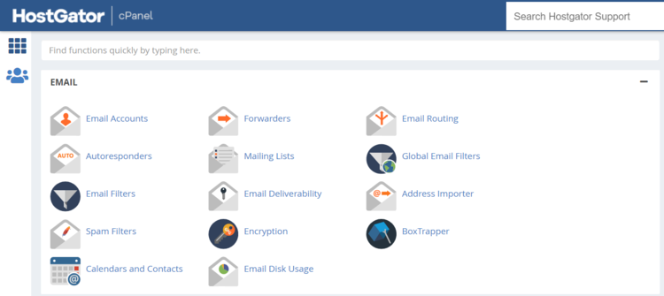 HostGatorâ€™s email section in the dashboard (email accounts, forwarders, email routing, autoresponders, mailing lists, global email filters, email filters, email deliverability, address importer, spam filters, encryption, BoxTrapper, calendars and contacts, and email disk usage).