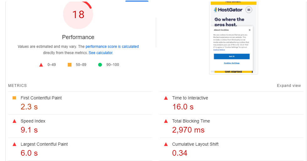 PageSpeed Insights Test that shows the speed index (9.1 seconds), the first contentful page (2.3 seconds), the largest contentful page (6 seconds), the time to interact (16 seconds), the total blocking time (2,970 ms), and the cumulative layout shift (0.34)