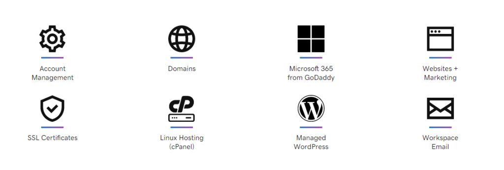 Account Management, Domains, Microsoft 365 from GoDaddy, Websites+Marketing, SSL Certificates, Linux Hosting, Managed WordPress, and Workspace Email icons on a white background.