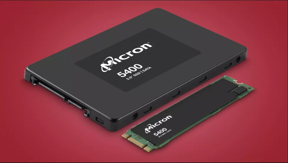 Illustration of the new SATA SSD from Micron on a red background.