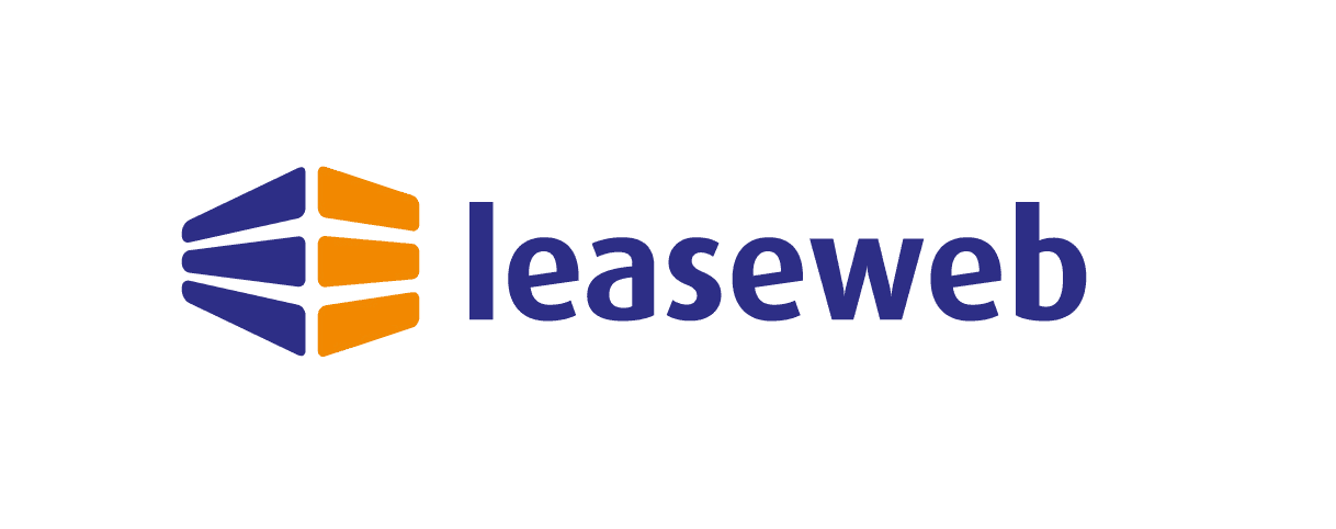 The logo of Leaseweb on a white background with blue letters and orange colors.