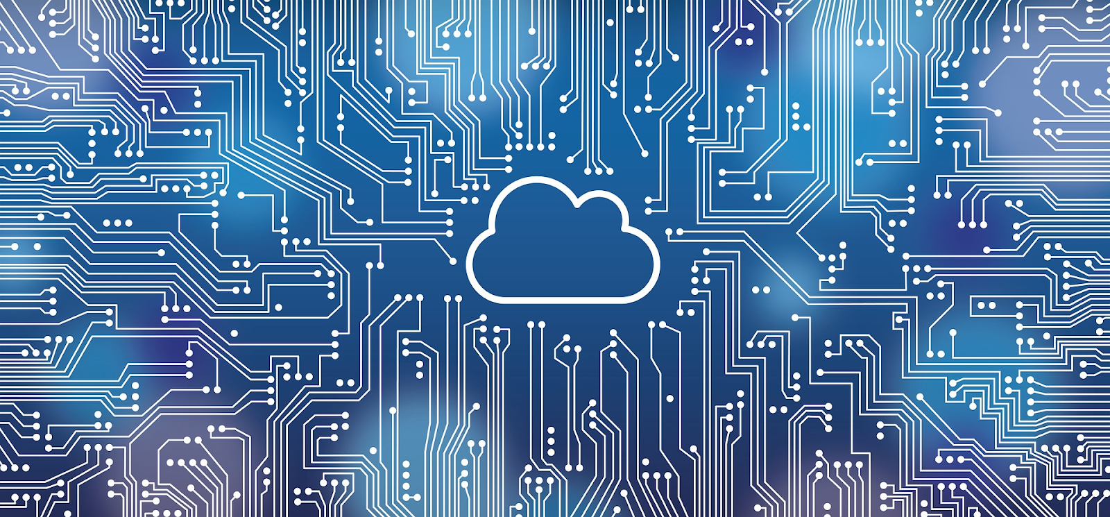 An illustration of cloud computing on a blue background with white letters.