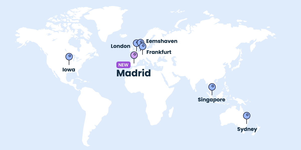 A screenshot of SiteGroundâ€™s website, presenting a worldwide map with a new data center point in Madrid, Spain (Europe).