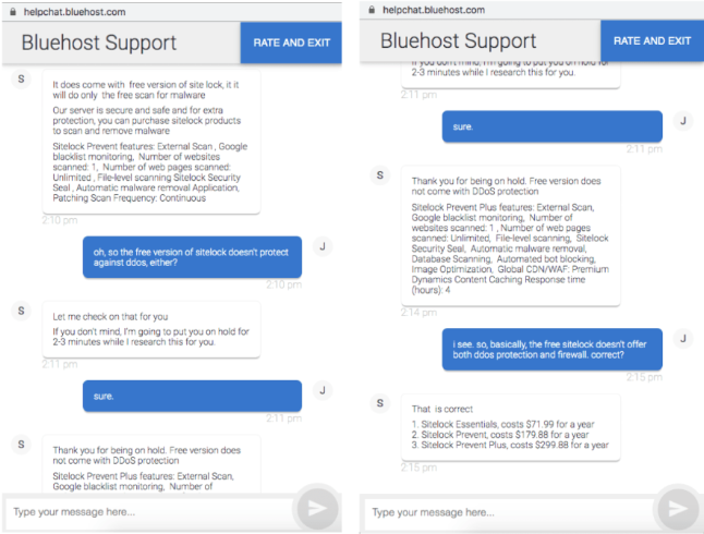 Bluehost live chat with the friendly agent. The whole conversation is on a white background.