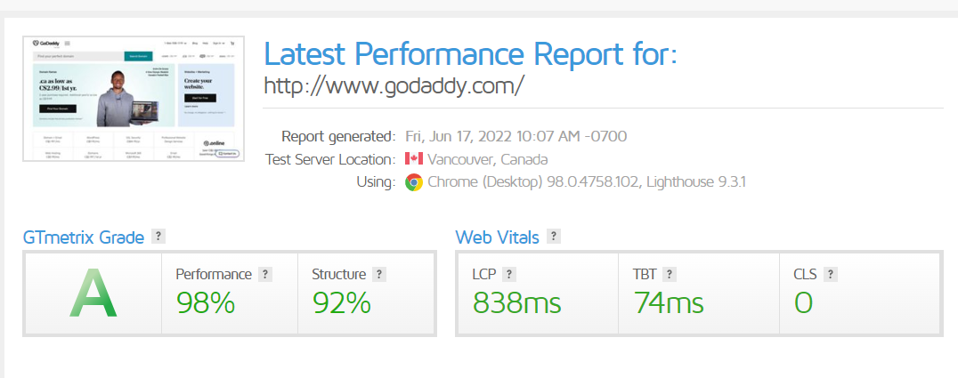 GTmetrix Test that shows the performance grade (A) and the loading time of 0.8 seconds.