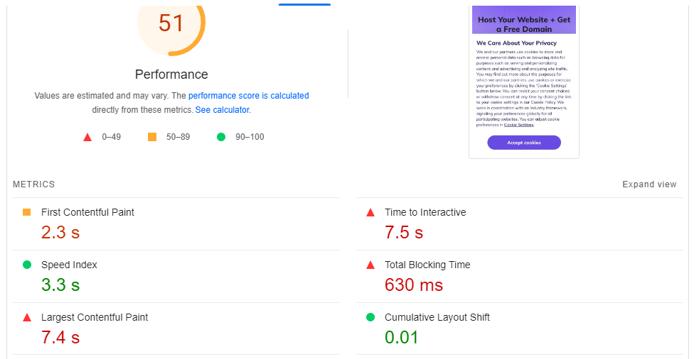 Hostinger PageSpeed Insights test