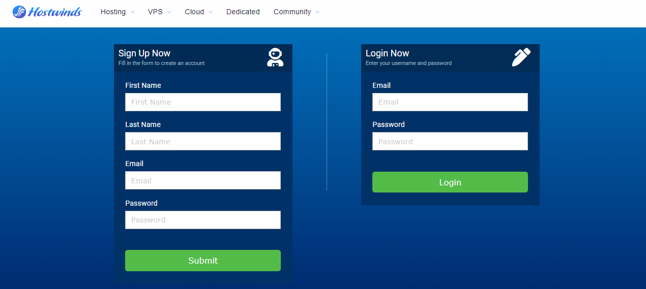 This shows the screen where users need to create a new or log into an existing Hostwinds account.