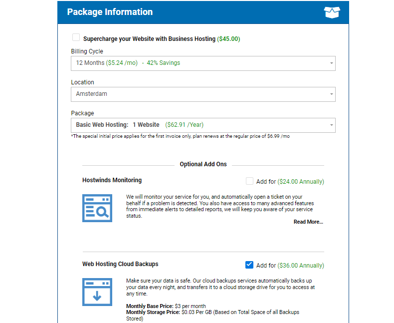 This shows the package information users can modify before purchasing the desired product.