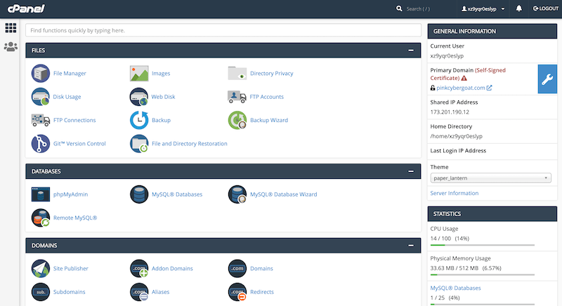 Godaddy cPanel screenshot