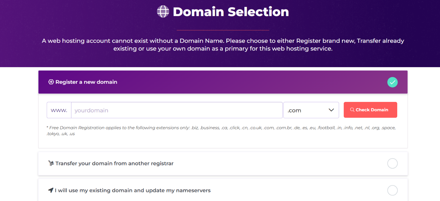 A photo that shows the web page where you can register a new domain or use your existing one on a HostArmada registration