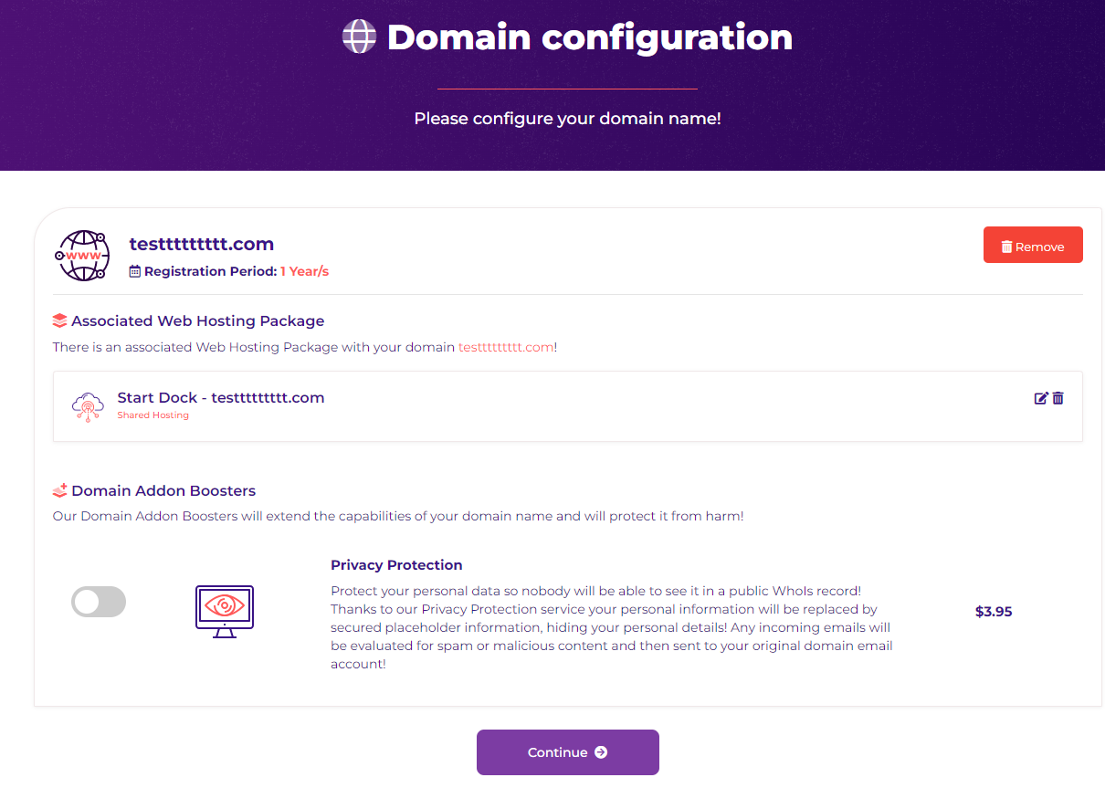 This photo shows a preview of your order, including your hosting plan and domain name. You can also add privacy protection for your domain here.