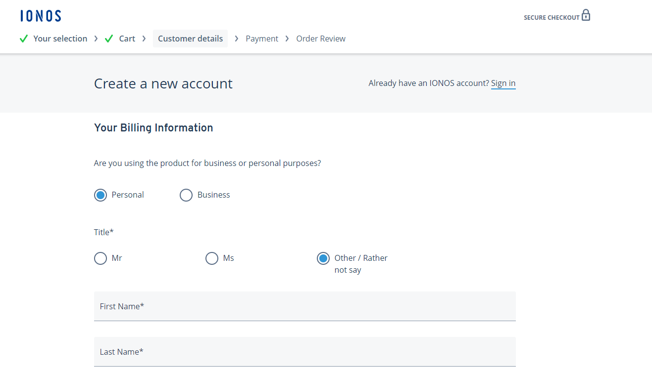 This shows a page where you need to create a new IONOS account or sign in with your old one.