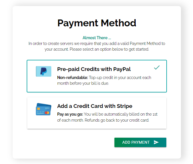 This depicts the screen where users can choose from two payment methods with Webdock.