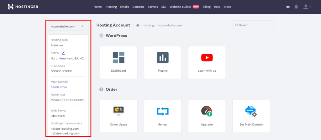 Hostinger hPanel screenshot