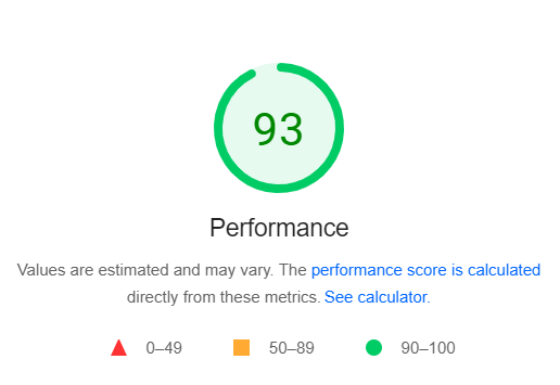 Hostinger overall performance score of 93% on PageSpeed Insights screenshot