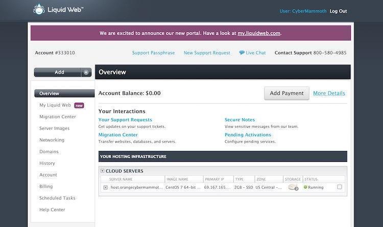 Liquid Webâ€™s Account Management Dashboard screenshot