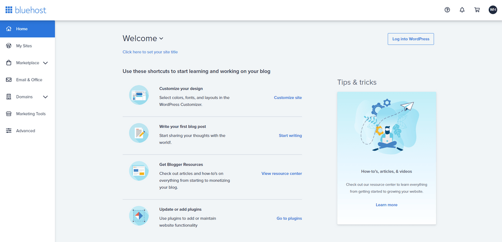 Bluehost WordPress dashboard