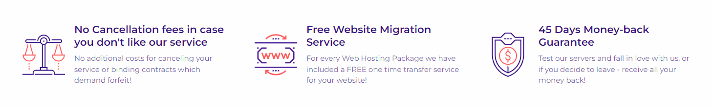 HostArmada does not charge a cancellation fee, offers a free website migration service, and has a 45-day money-back guarantee.