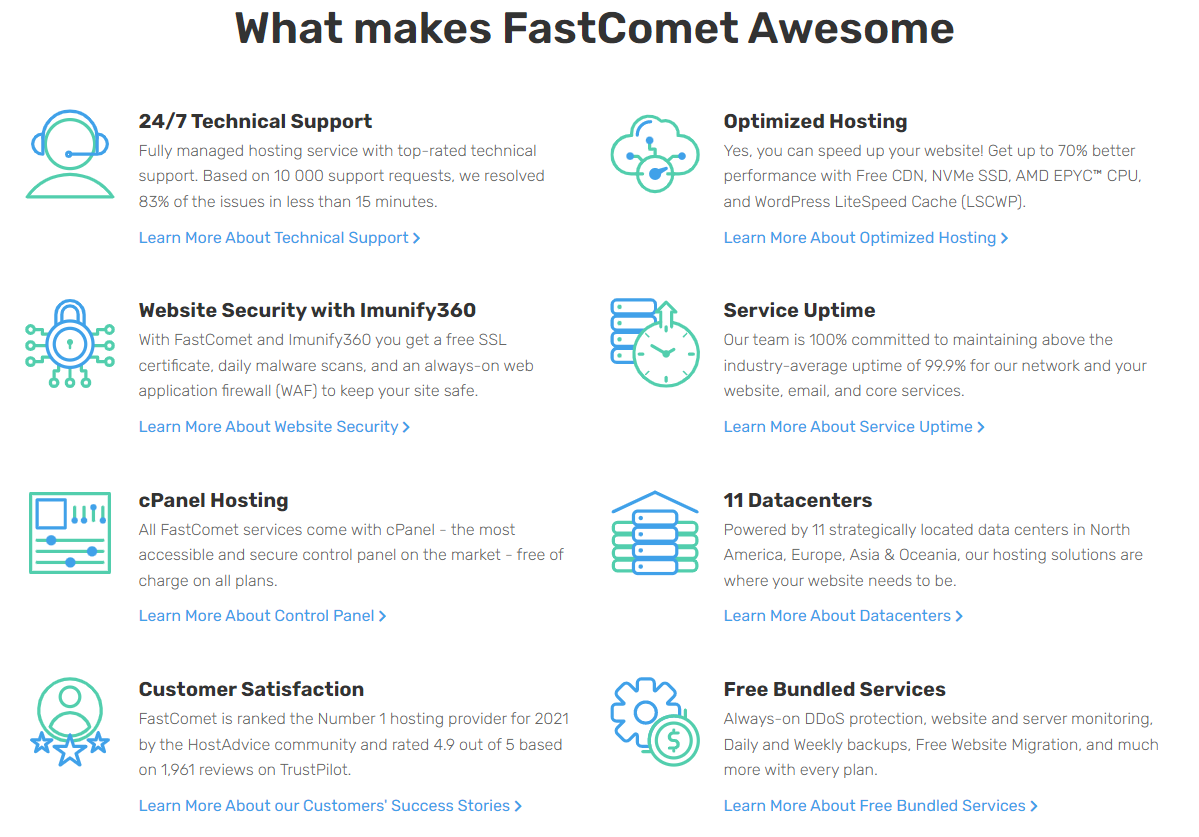 FastComet offers many excellent features, including 24/7 customer support, Imunify360, cPanel hosting, 11 data centers, and a 99.9% uptime guarantee.