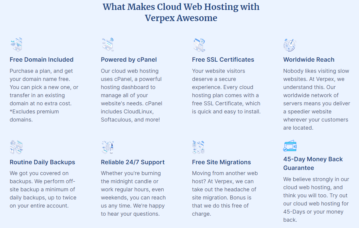All Verpex plans have many free features, like a free domain, free cPanel, free SSL, a 45-day money-back guarantee, and more.