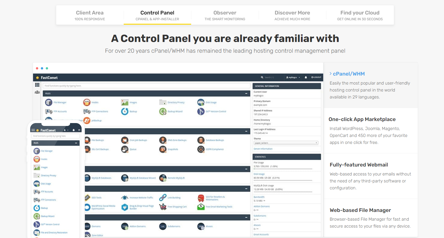 A photo showing the cPanel control panel and all the apps and features it offers.