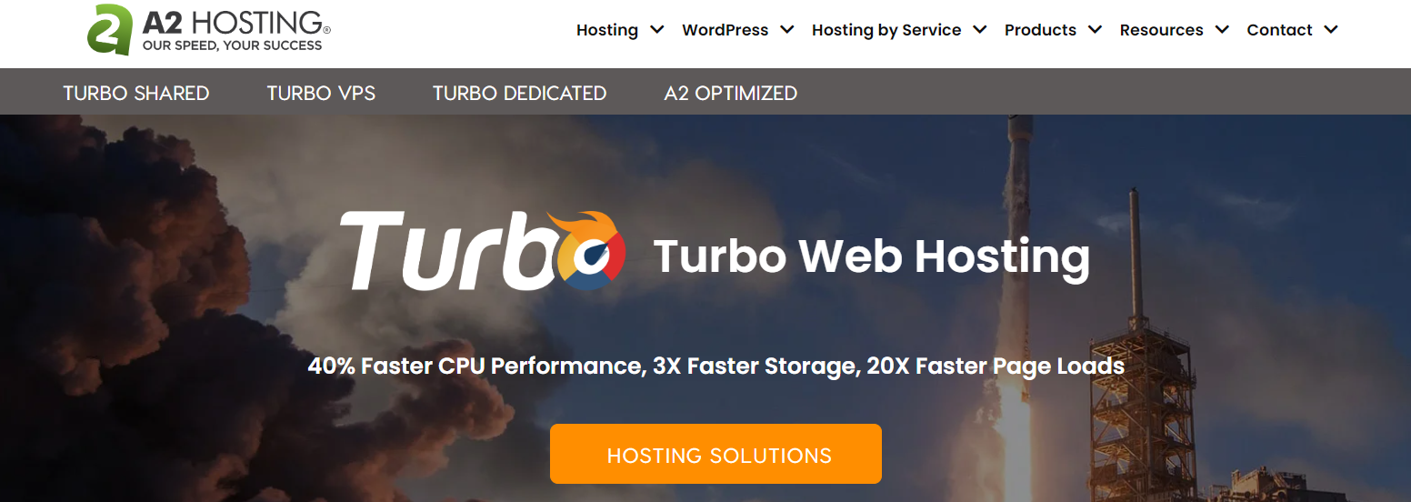 The A2 Hosting turbo web hosting service provides 40% faster CPU performance, 3x faster storage, and 20x faster page loads.