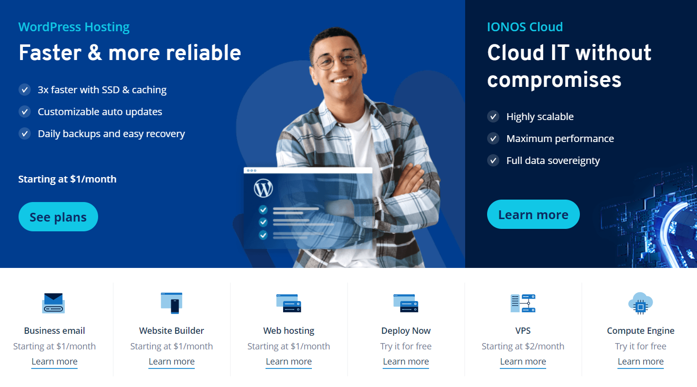 IONOS offers 3x faster speeds with SSD and caching, daily backups, easy recovery, and many other features.