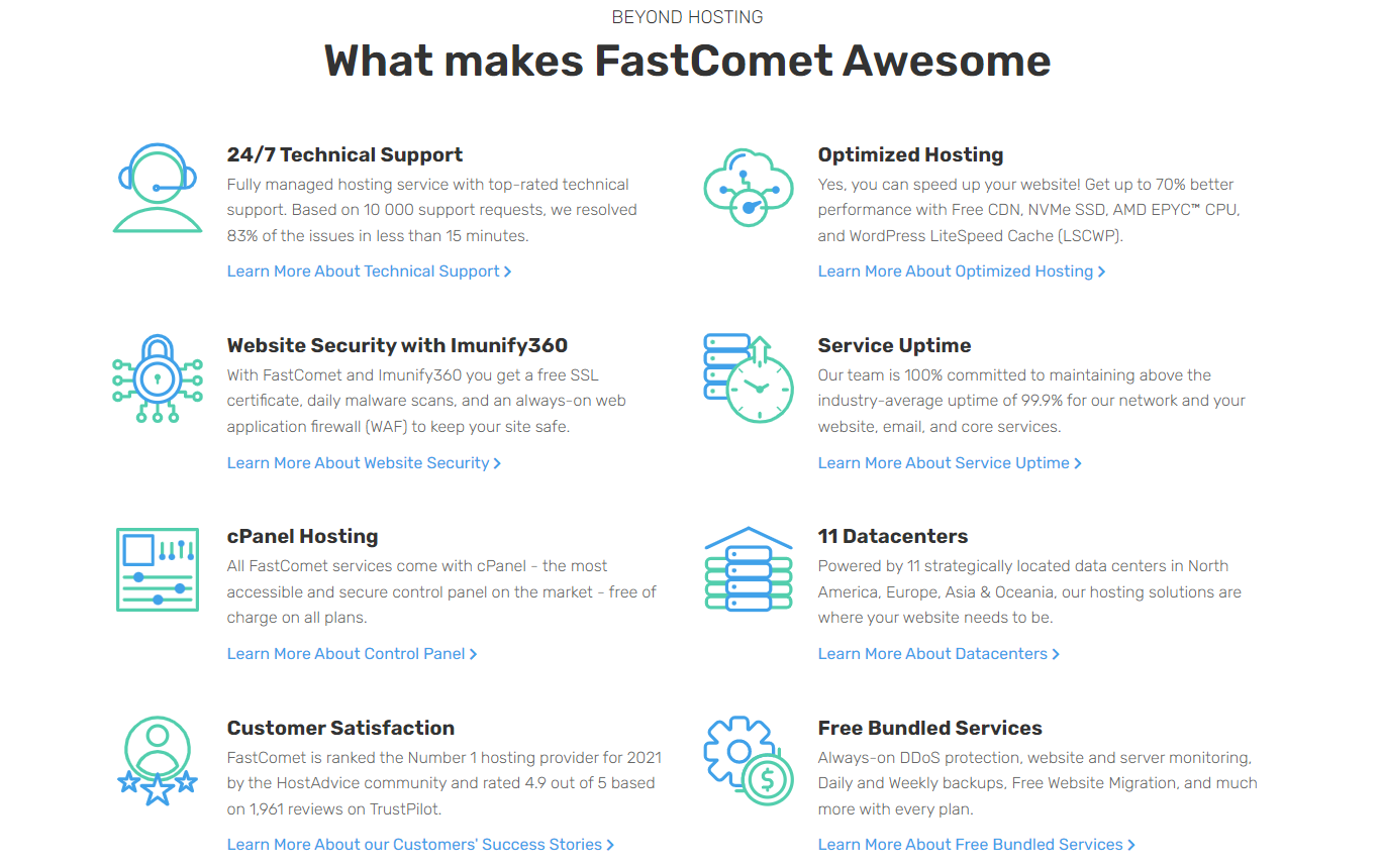 FastComet's cPanel web hosting encompasses 24/7 customer support, optimized hosting, Imunify360 security, 99.9% service uptime, 11 data centers, and many free bundled services.