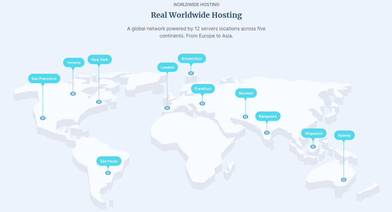 Verpex has 12 server locations in Europe, Asia, Australia, North America, and South America.