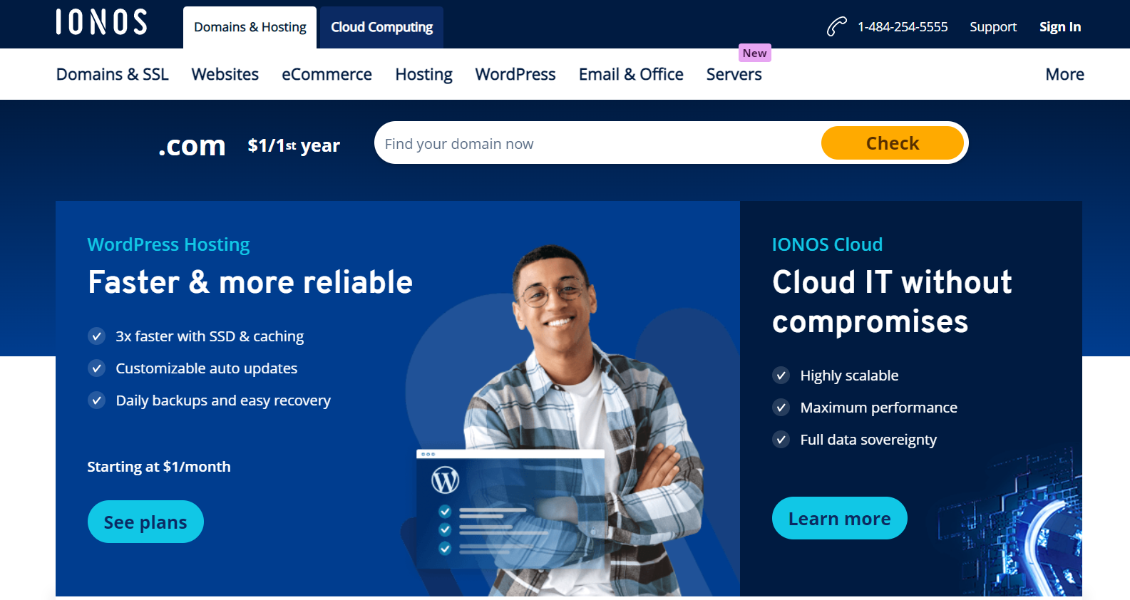 This screenshot depicts some of the services IONOS offers, including WordPress and Cloud IT solutions.