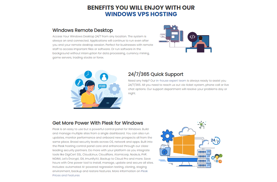 InterServer offers many benefits through its Windows VPS hosting, including Windows Remote Desktop, 24/7/365 customer support, the Plesk control panel, excellent stability, enhanced security, flexible resources, admin access, and much more.