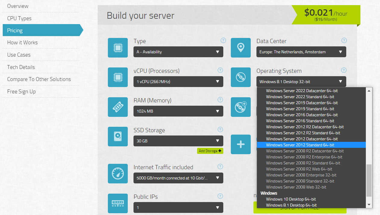 Kamatera allows you to set up your own server and is compatible with a wide range of Windows operating systems and Windows Server versions.