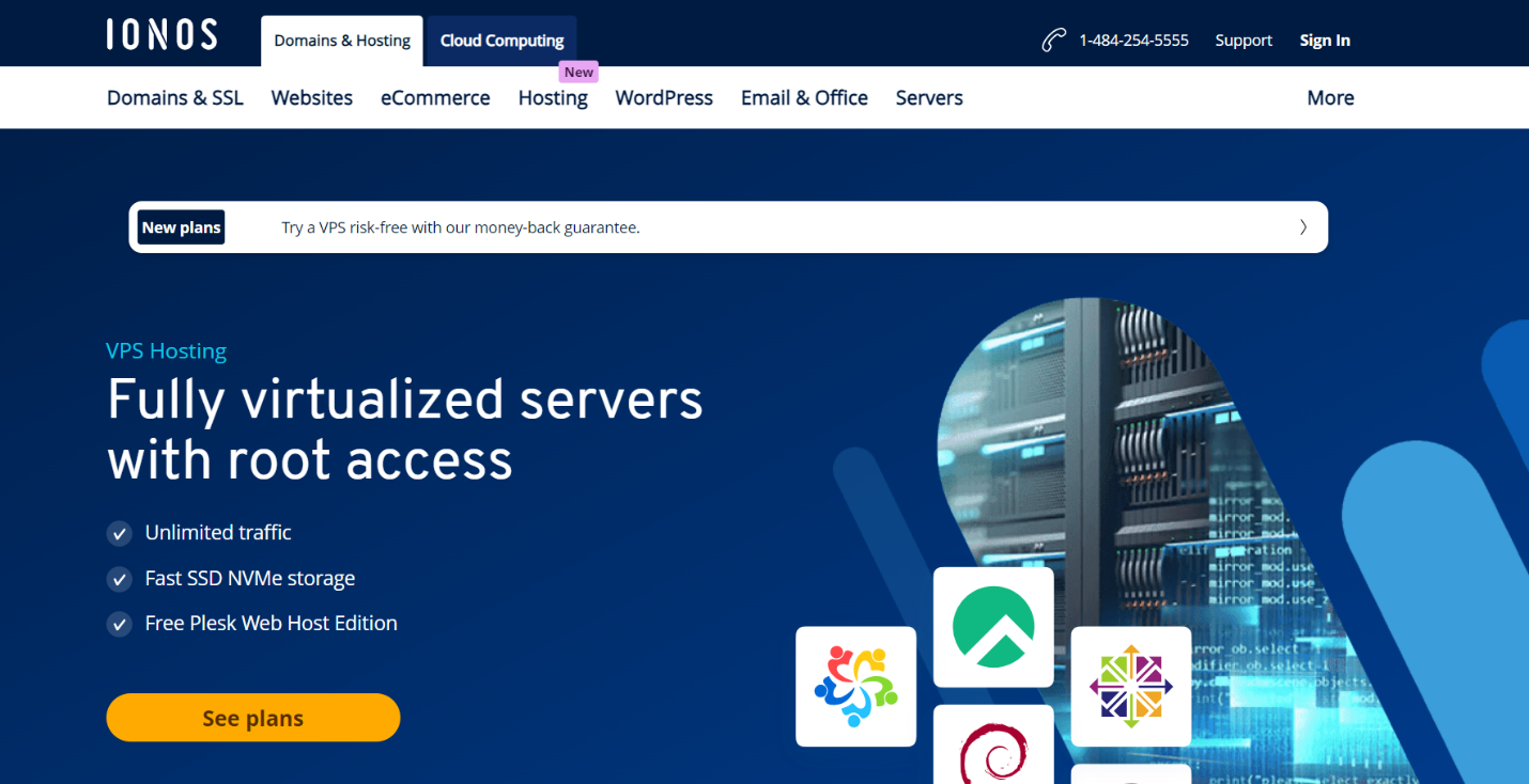 IONOS provides support for unlimited traffic, fast SSD and NVMe storage, the Plesk Web Host Edition for free, and many other features.