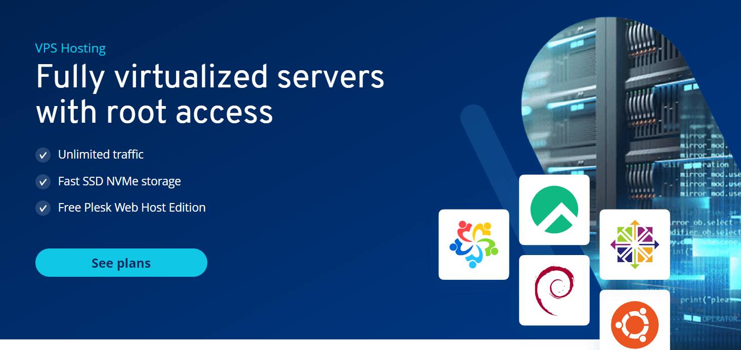 IONOS offers fully virtualized servers with root access, unlimited traffic, and more.