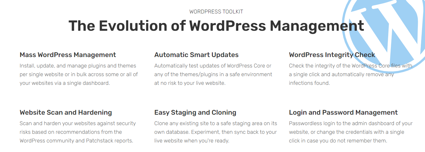 FastComet provides many WordPress-specific tools, like automatic smart updates, WordPress integrity checks, website scan and hardening, easy staging and cloning, and much more.