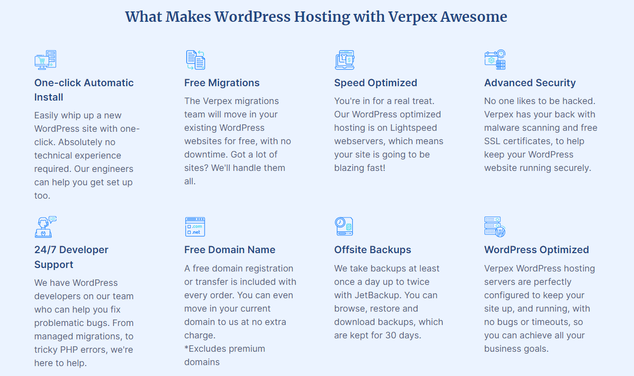 Verpex provides amazing features across all WordPress hosting plans, including one-click automatic install, free migrations, 24/7 developer support, offsite backups, and much more.