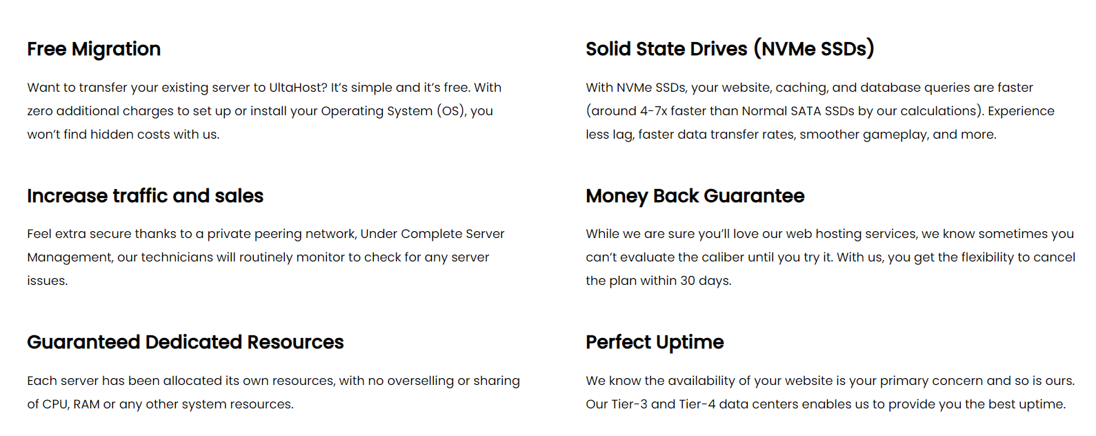 A photo that shows some of the features included in all UltaHost hosting plans.