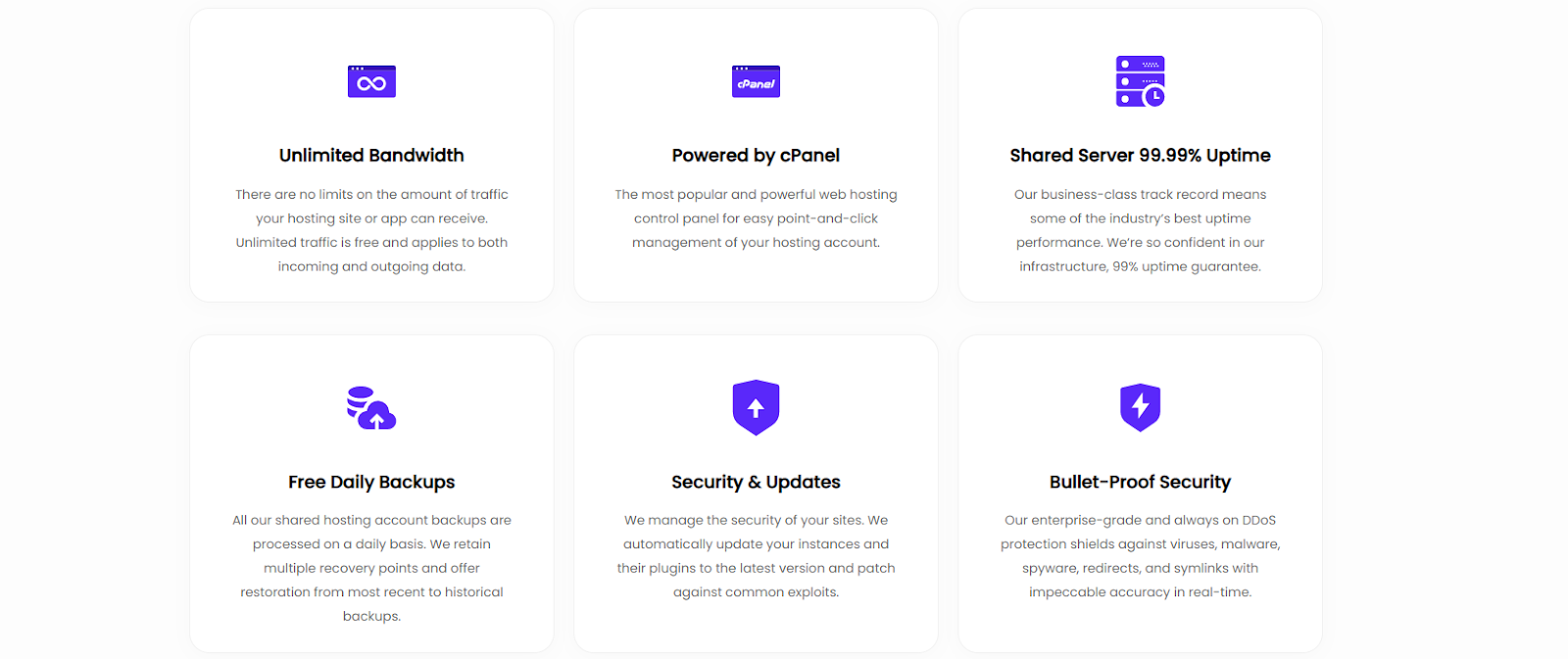 A photo showing some of the features included in all UltaHost shared hosting plans.