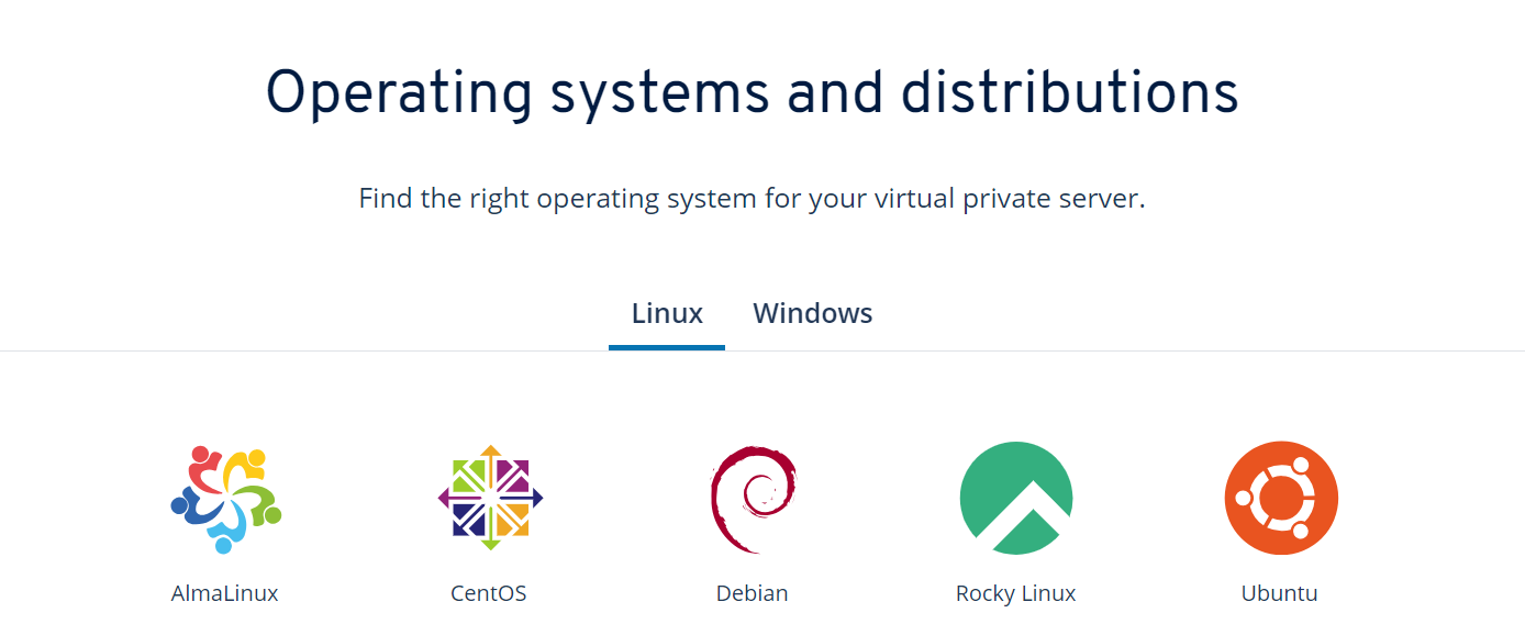 IONOS is compatible with AlmaLinux, CentOS, Debian, RockyLinux, and Ubuntu.