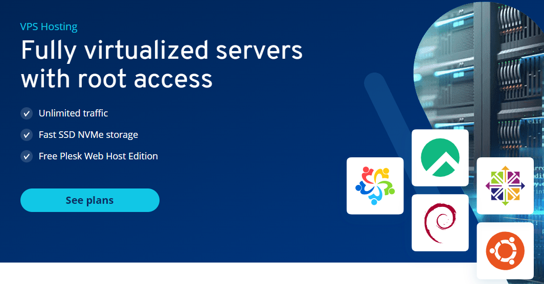 IONOS offers fully virtualized servers with root access, unlimited traffic, fast SSD NVMe storage, and free Plesk Web host edition.