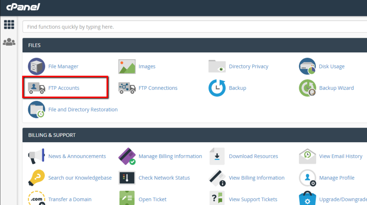 A screenshot that shows the FTP accounts feature in cPanel.