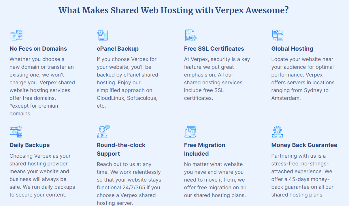 A photo that shows some of the features that Verpex offers in its shared hosting plans.