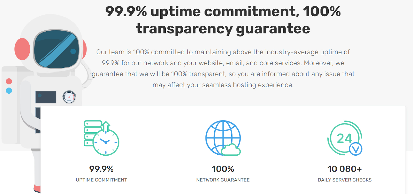 FastComet offers a 99.9% uptime guarantee and a 100% transparency guarantee.