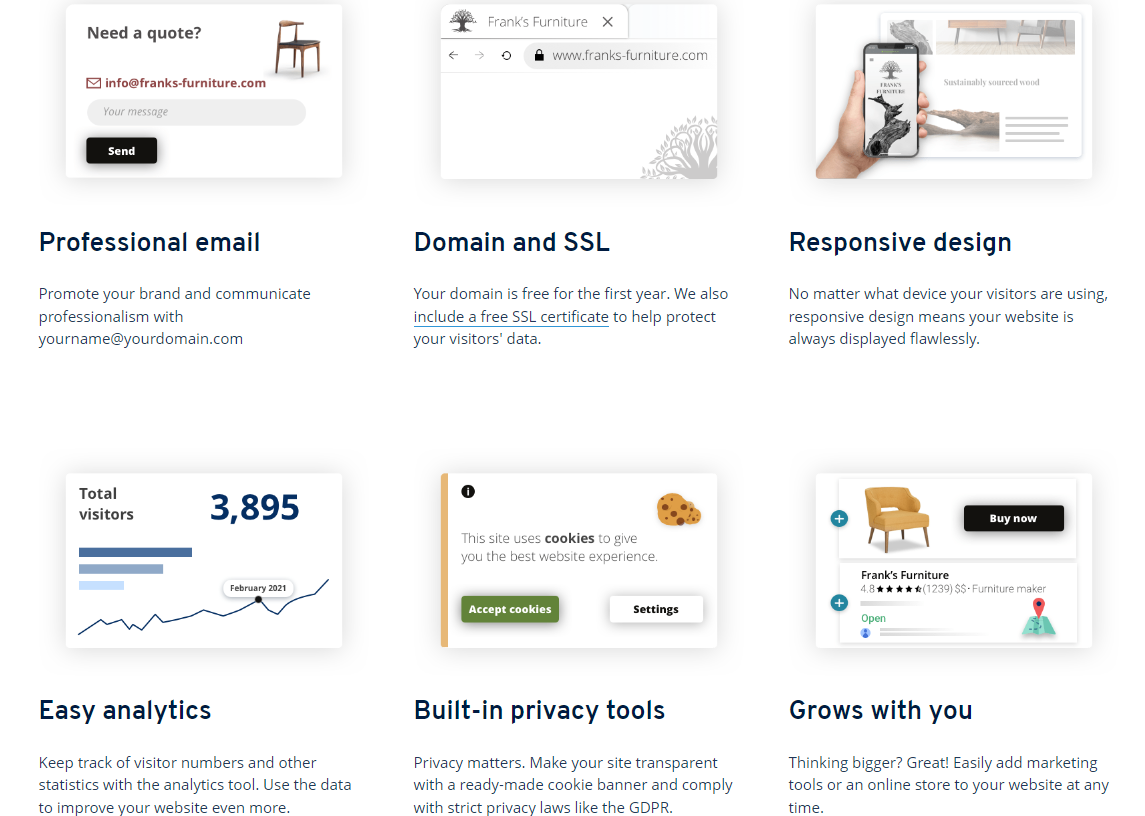 A photo that shows some of the features youâ€™ll get with IONOSâ€™ website builder.