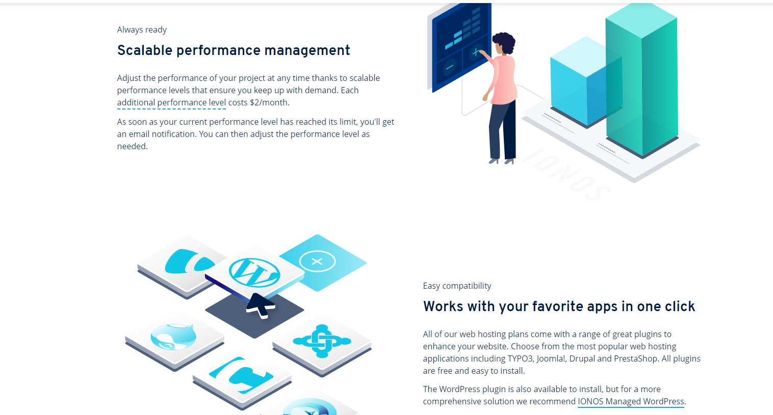 IONOS offers scalable performance management and easy compatibility.