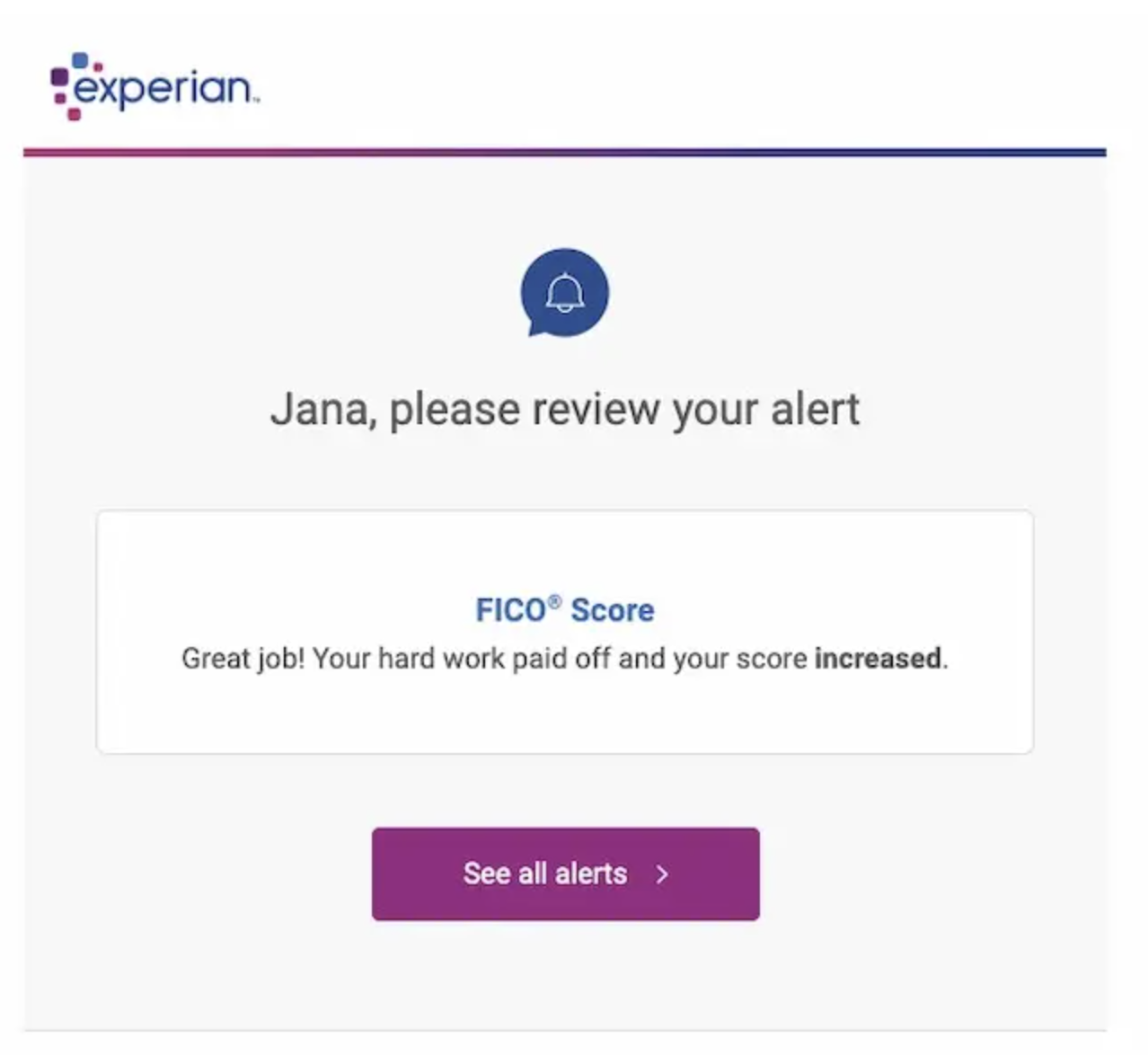 Screenshot of personalized credit score email from Experian.