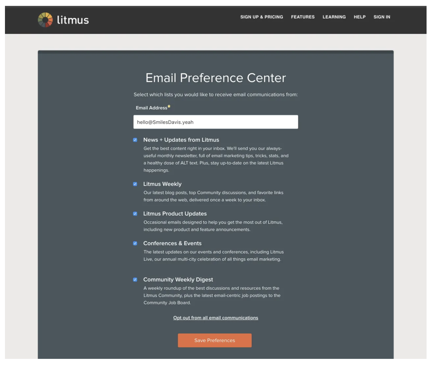 Preference center example from Litmus.